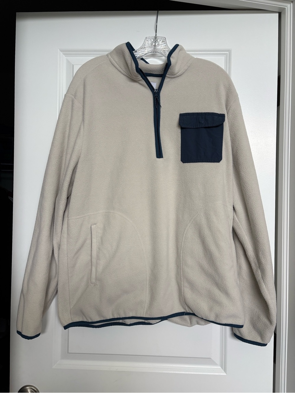 Goodfellow & Co Beige Fleece Quarter-Zip Pullover with Navy Pocket